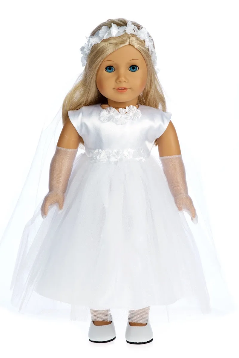 Little Angel - Clothes for 18 inch Doll - White Satin Communion Dress with Veil and Long Gloves and White Shoes