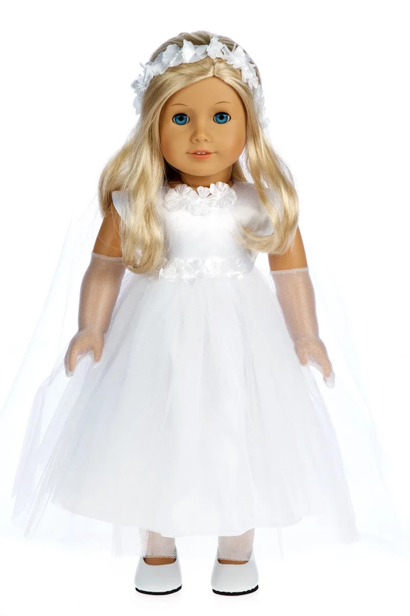 Little Angel - Clothes for 18 inch Doll - White Satin Communion Dress with Veil and Long Gloves and White Shoes