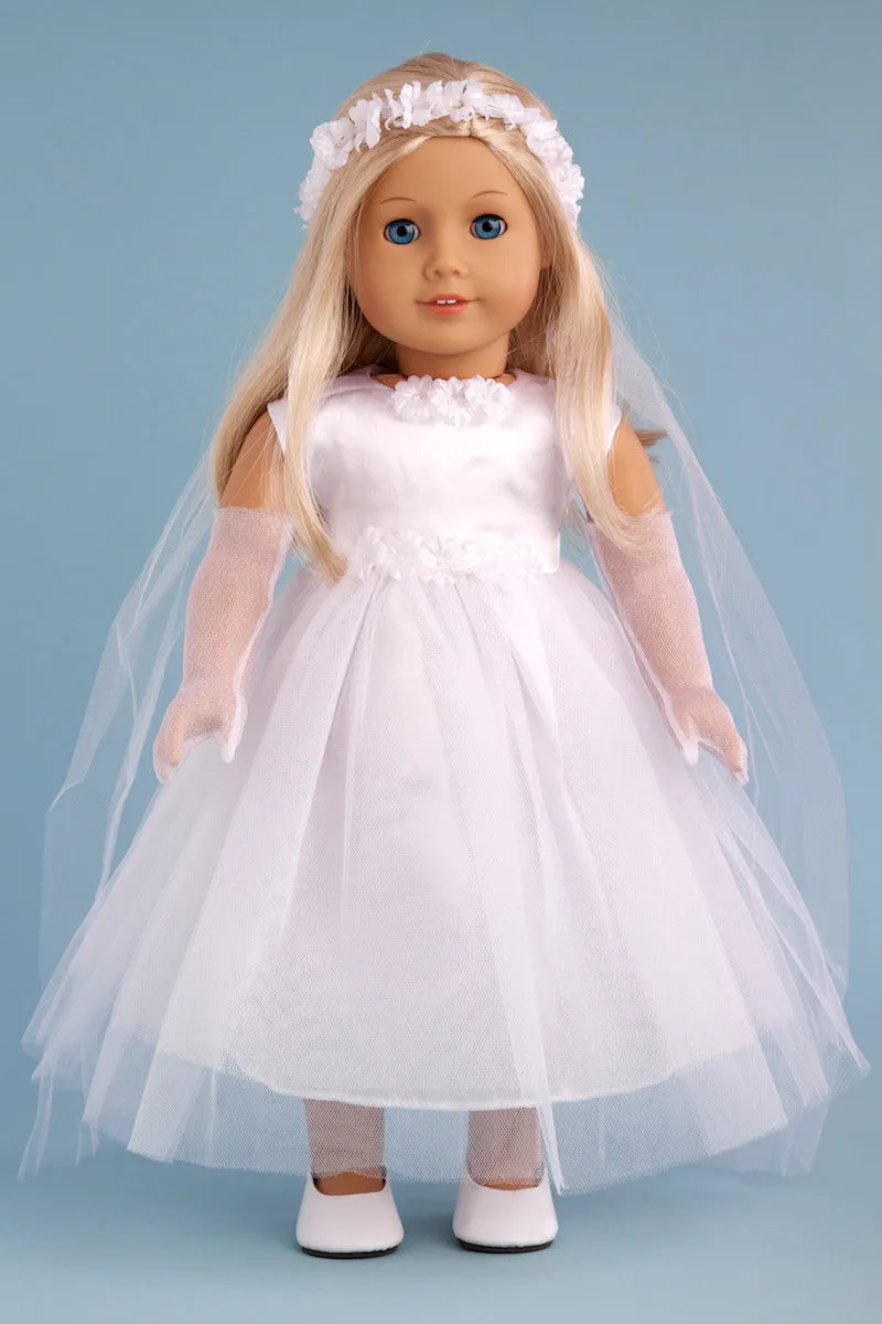 Little Angel - Clothes for 18 inch Doll - White Satin Communion Dress with Veil and Long Gloves and White Shoes