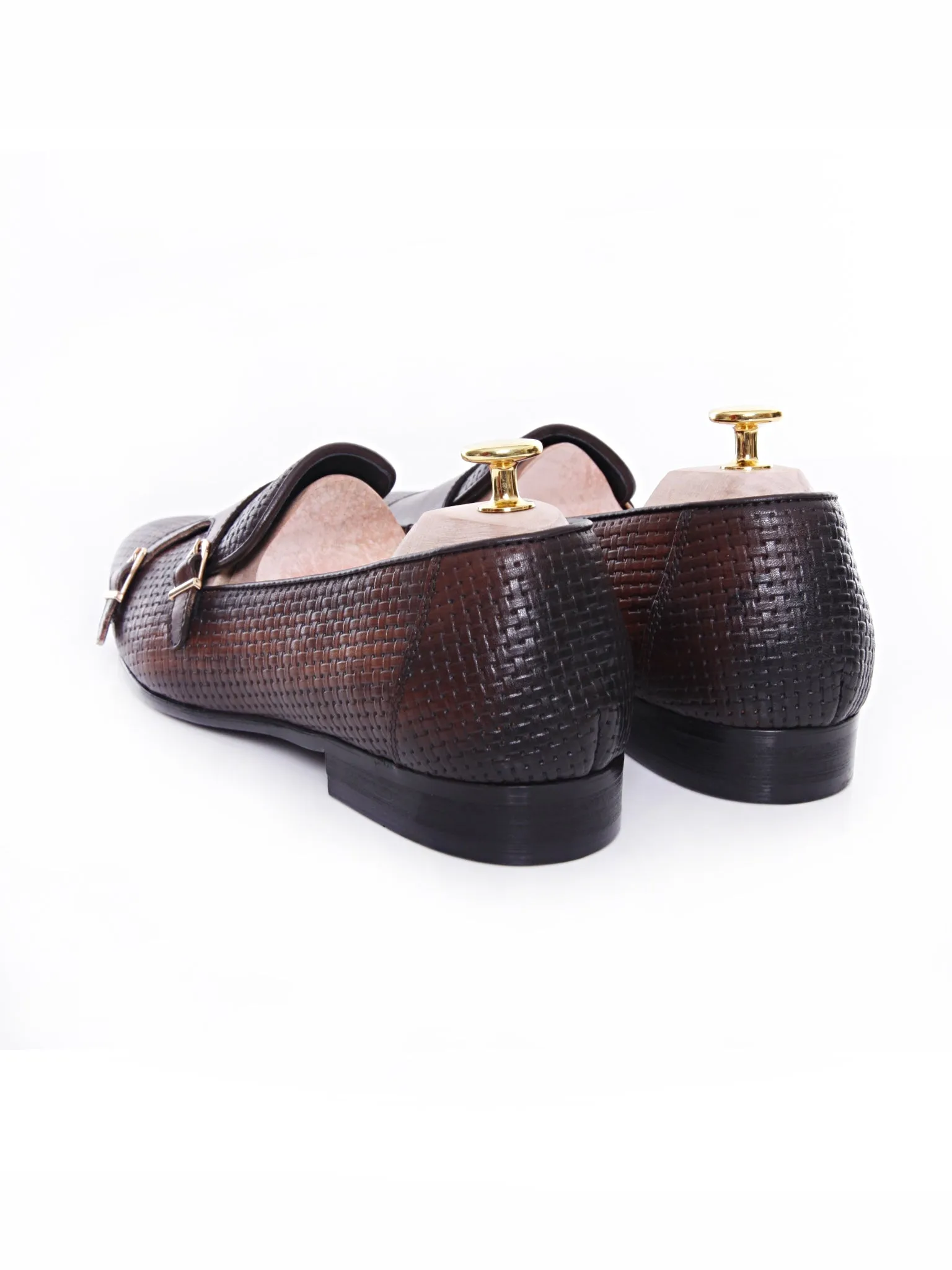 Loafer Slipper - Dark Brown Double Monk Strap with Woven Leather (Hand Painted Patina)