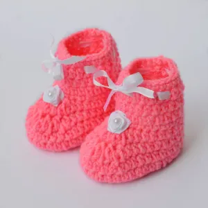 Long Lasting Pink Woven Design Wool Kid's Booties