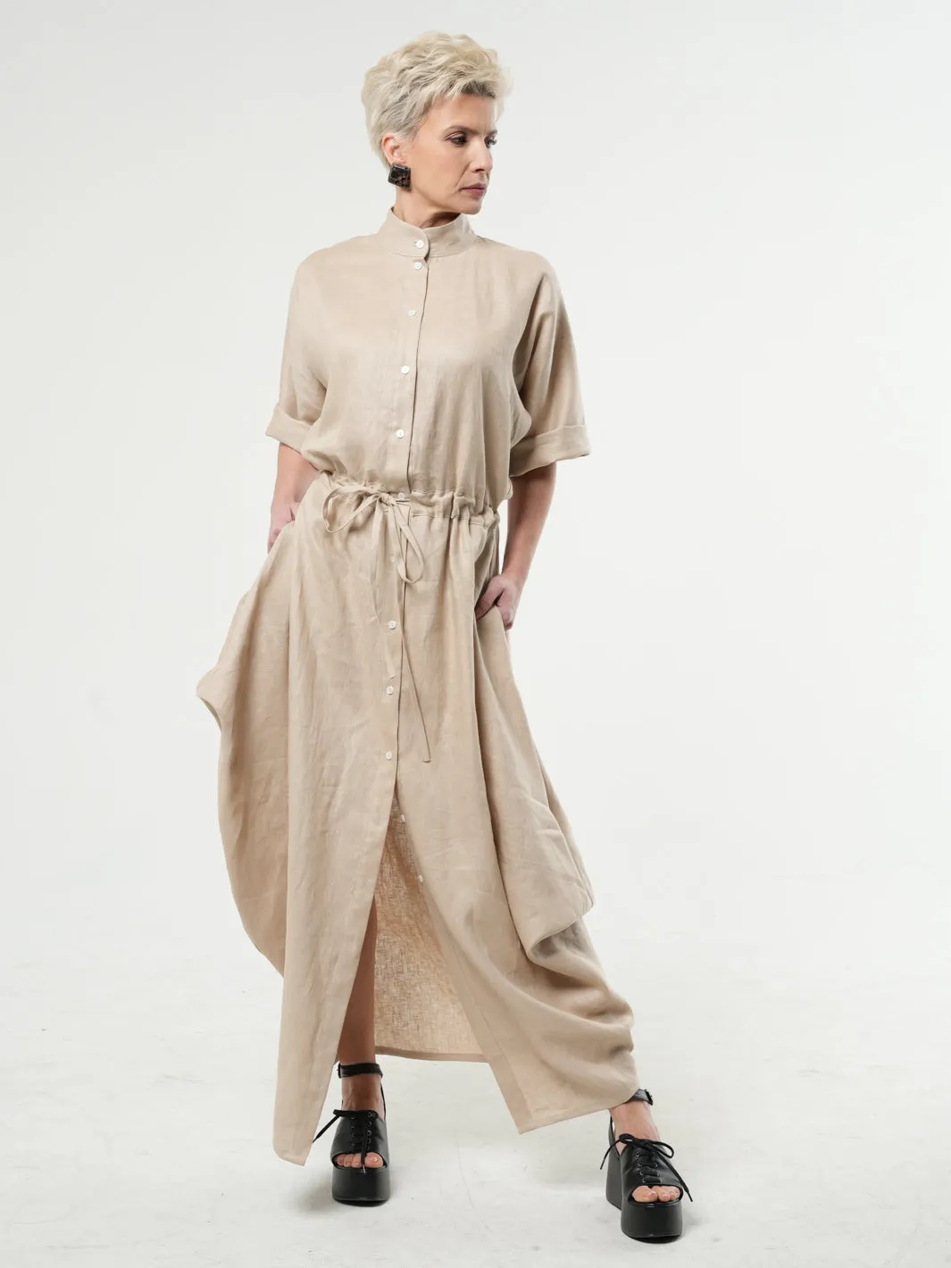 Long Linen Shirt Dress In Beige