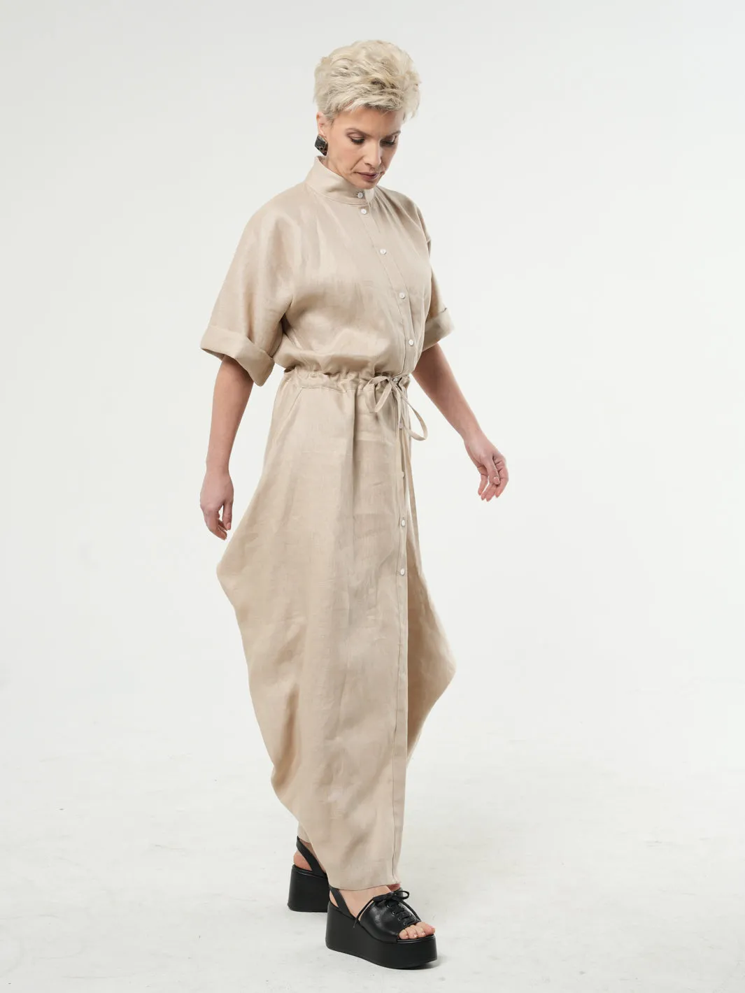 Long Linen Shirt Dress In Beige