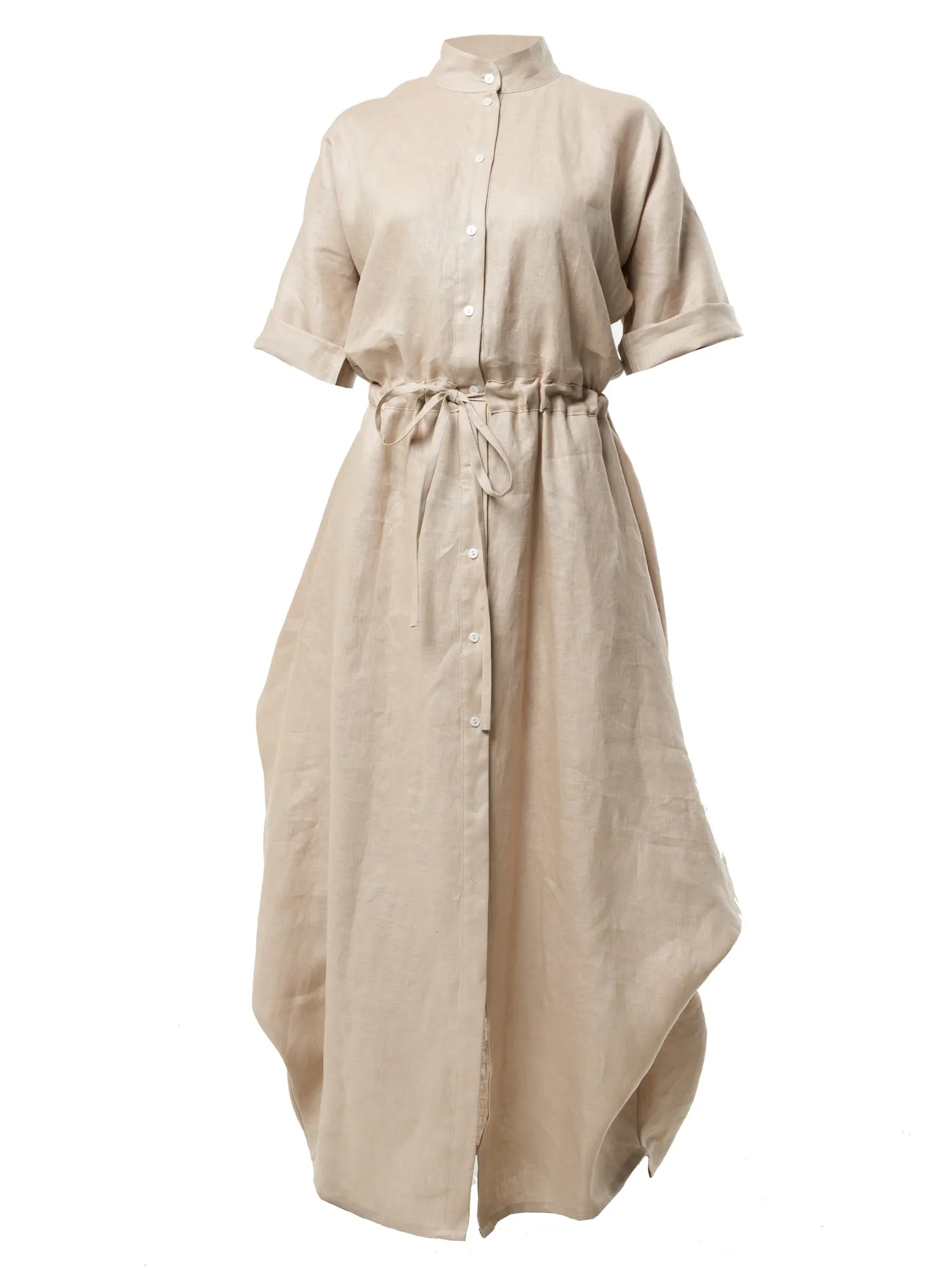 Long Linen Shirt Dress In Beige