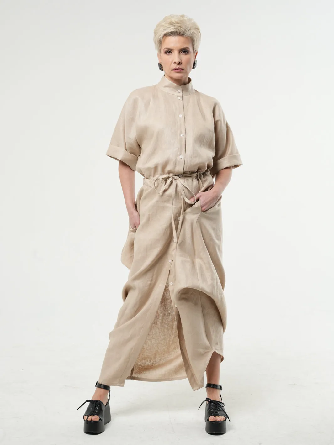 Long Linen Shirt Dress In Beige