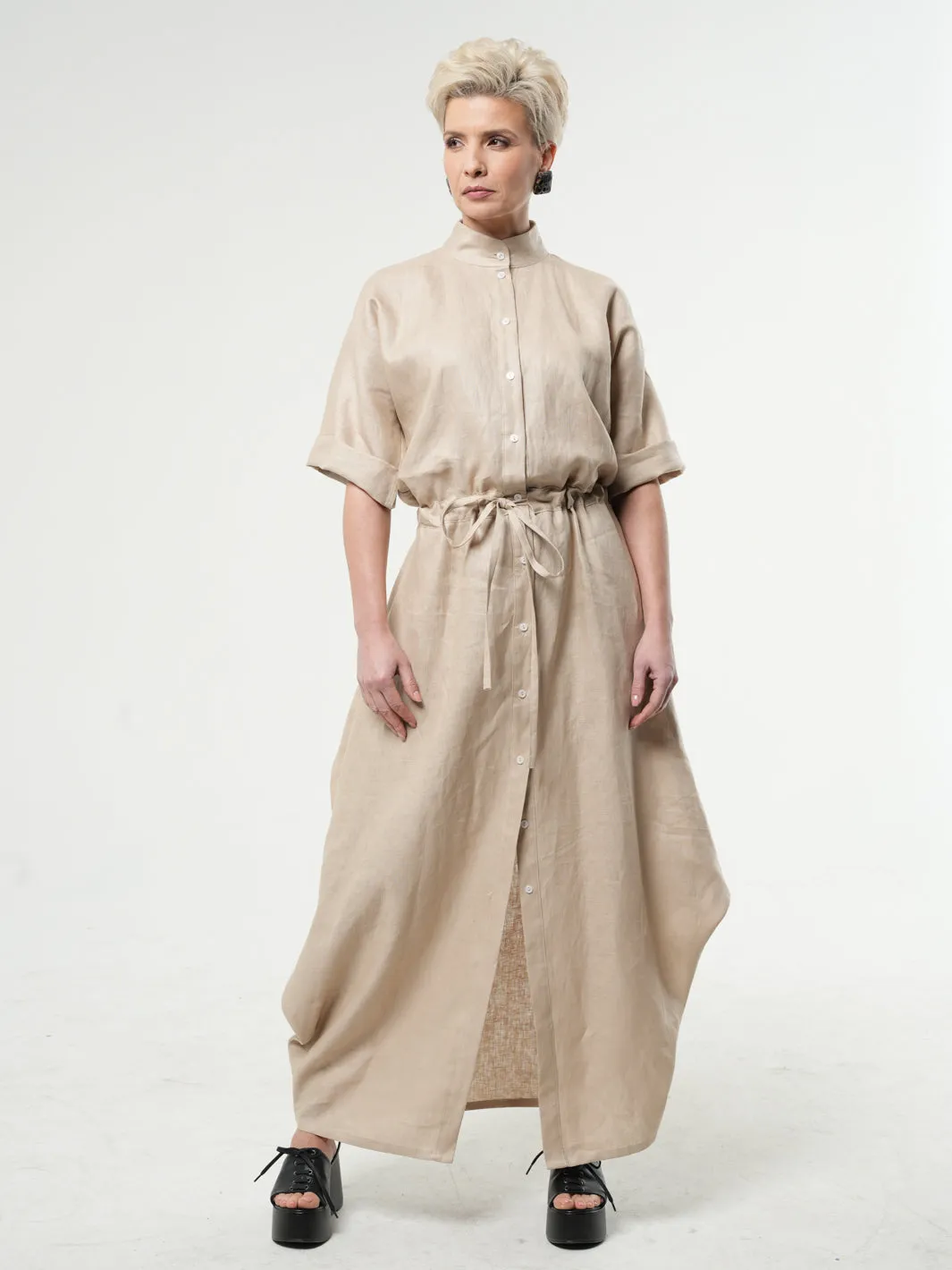 Long Linen Shirt Dress In Beige