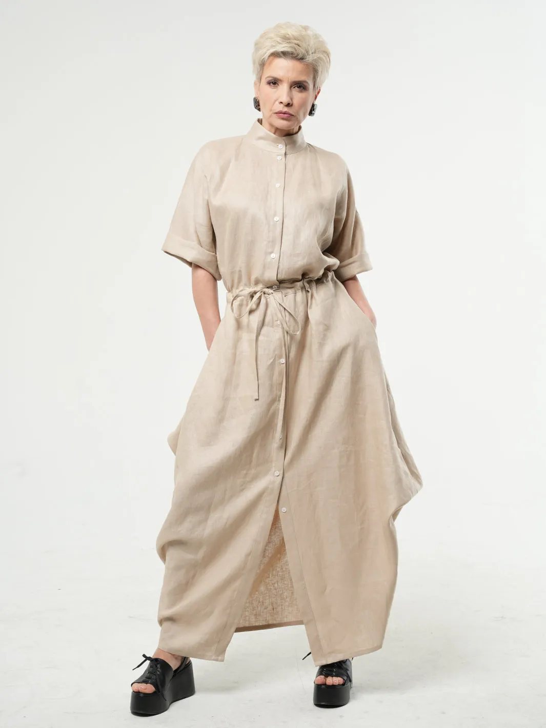 Long Linen Shirt Dress In Beige