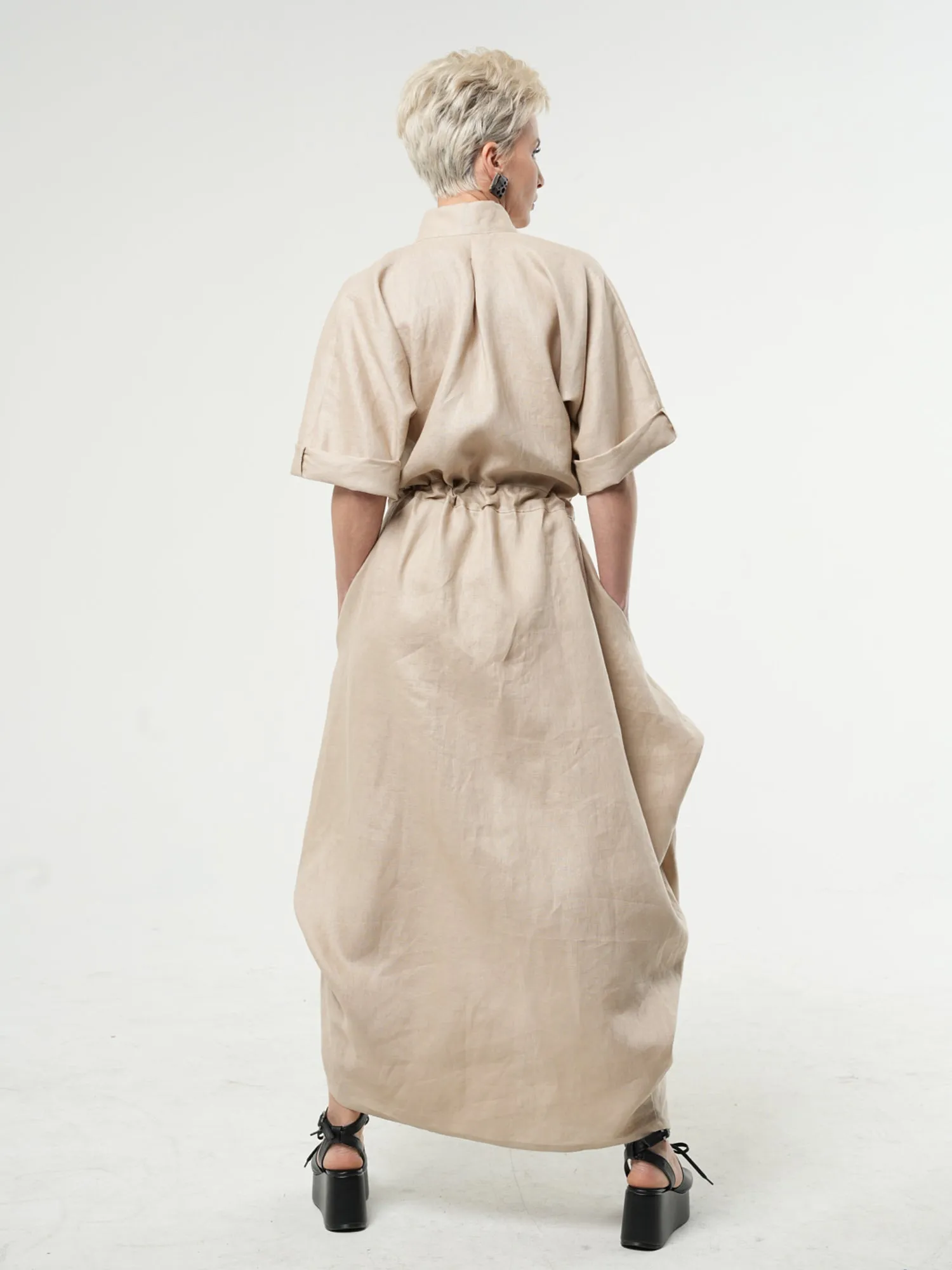 Long Linen Shirt Dress In Beige