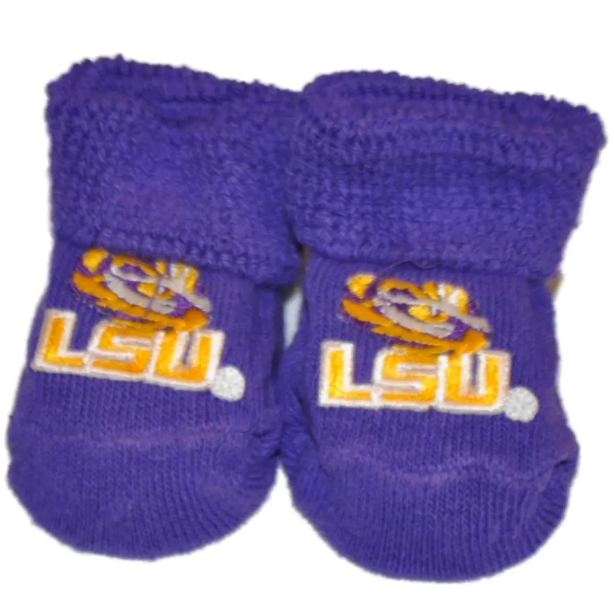 LSU Tigers Two Feet Ahead Infant Baby Newborn Purple Gold Tiger Eye Sock Booties