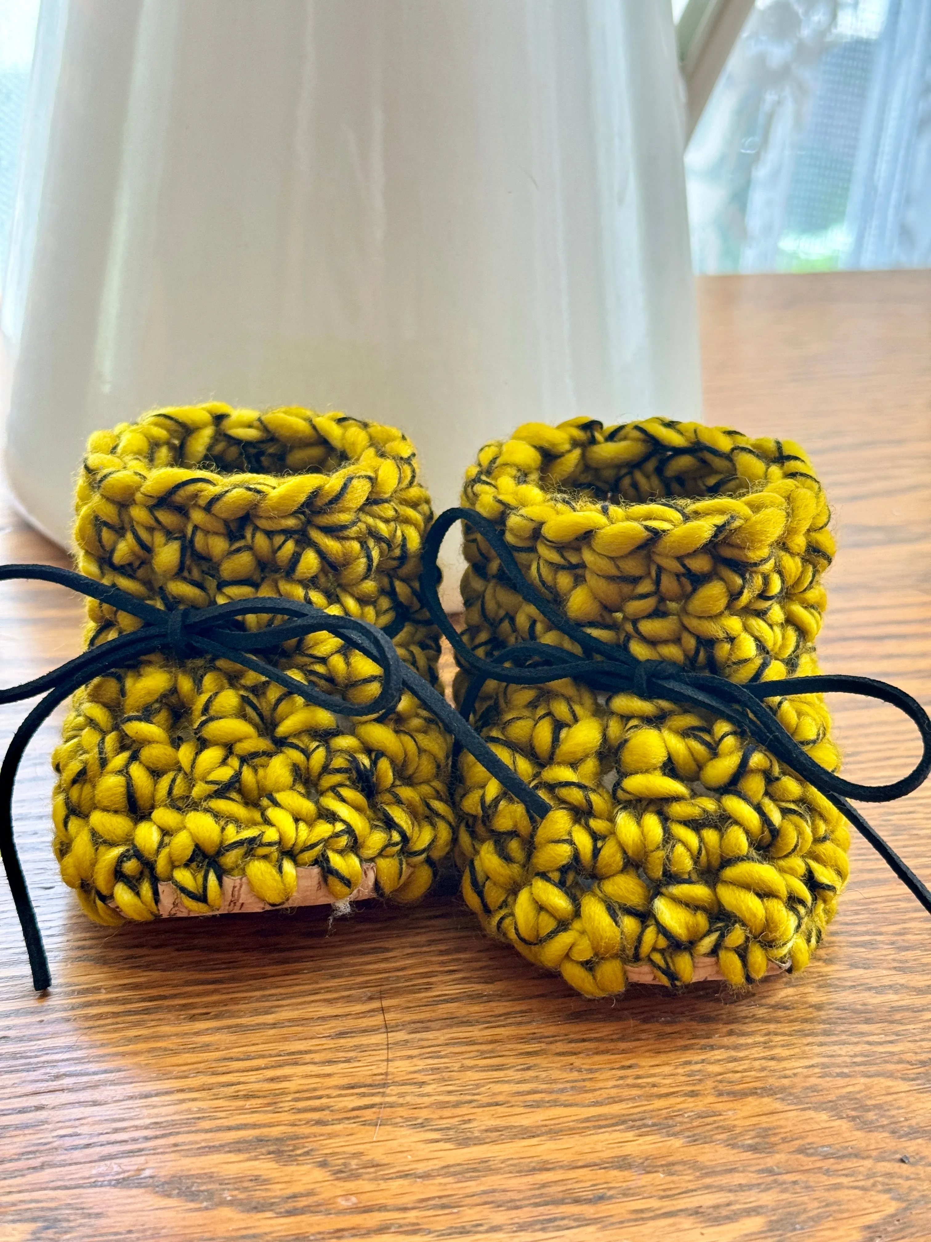 Luxury newborn crochet merino booties fall baby shower gift new mom cute hello pumpkin yellow and black