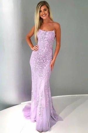 Mermaid Spaghetti Straps Lilac Tulle Prom Evening Dress with Appliques  PG683