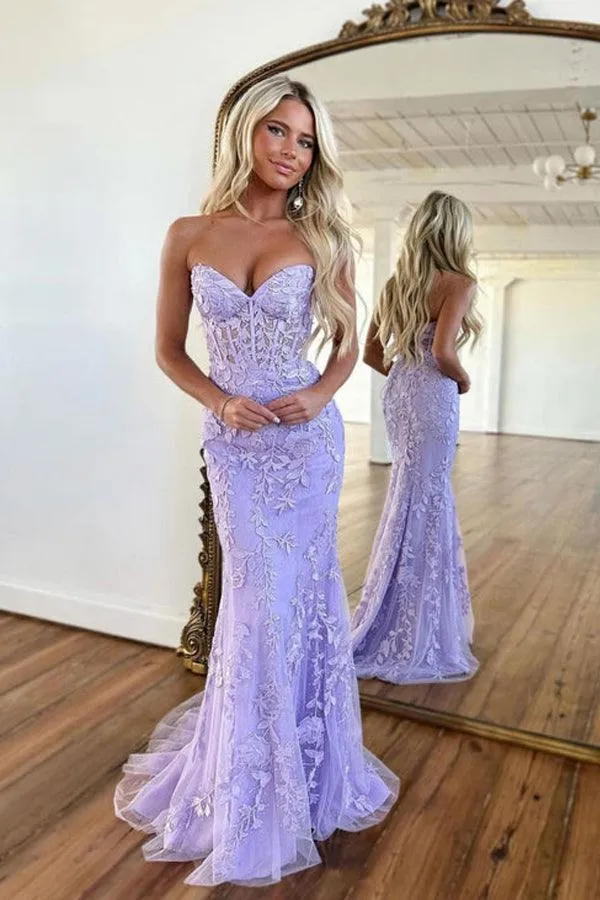 Mermaid Sweetheart Neck Lace Purple Long Prom Dress Formal Dress PSK365