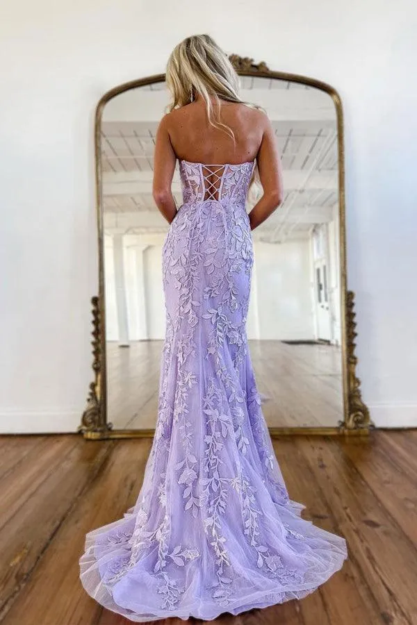 Mermaid Sweetheart Neck Lace Purple Long Prom Dress Formal Dress PSK365