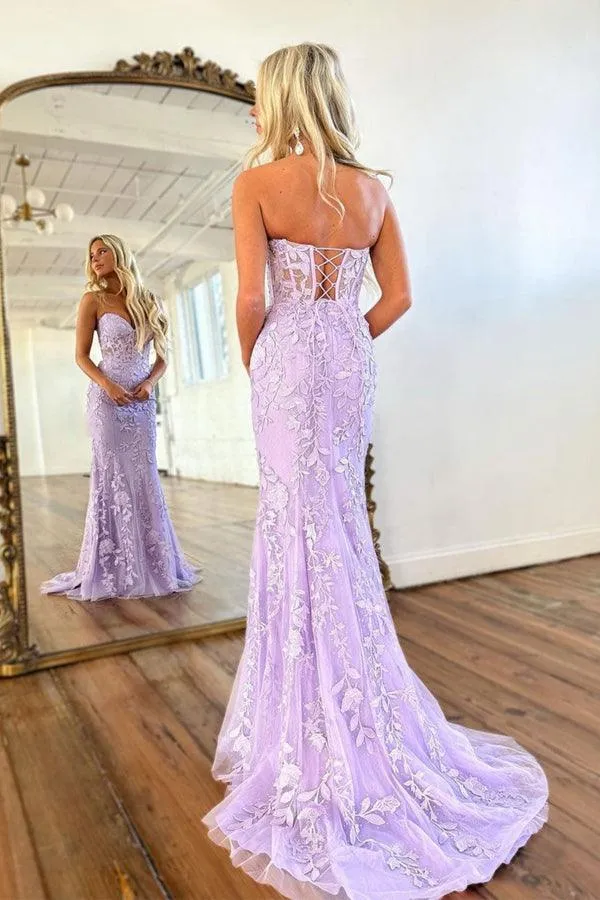 Mermaid Sweetheart Neck Lace Purple Long Prom Dress Formal Dress PSK365