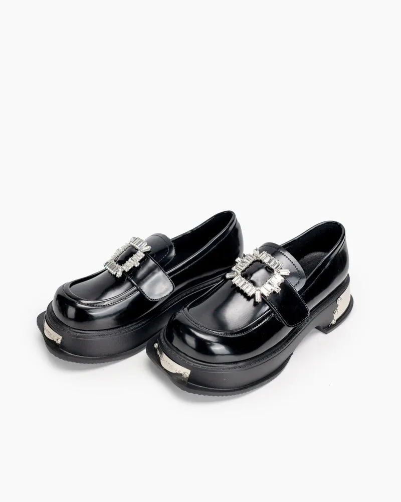 Metal Platform Chunky Loafers with 4 Detachable Velcro Decorations