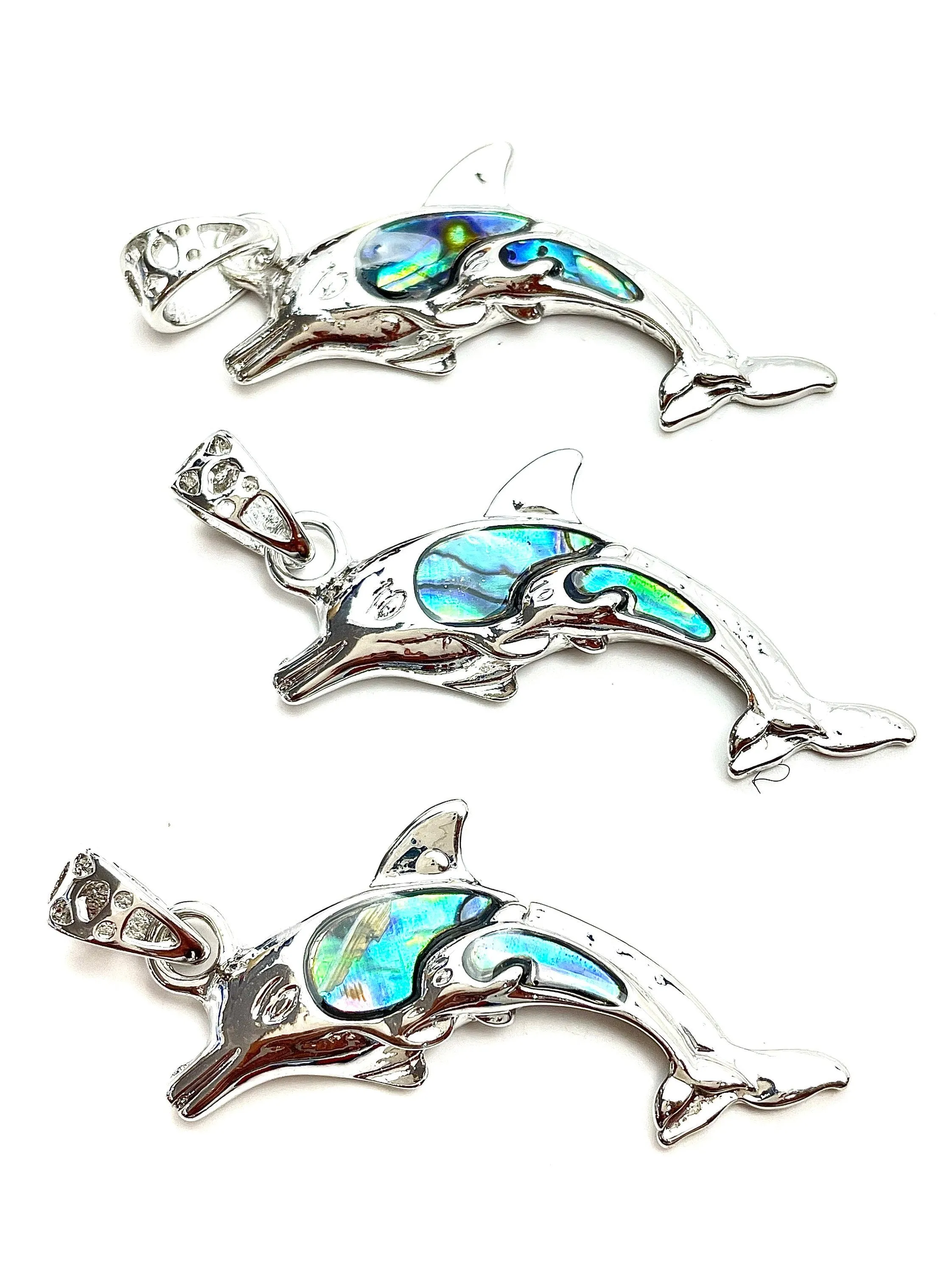 Mother of Pearl Sterling silver mommy & baby dolphin pendant