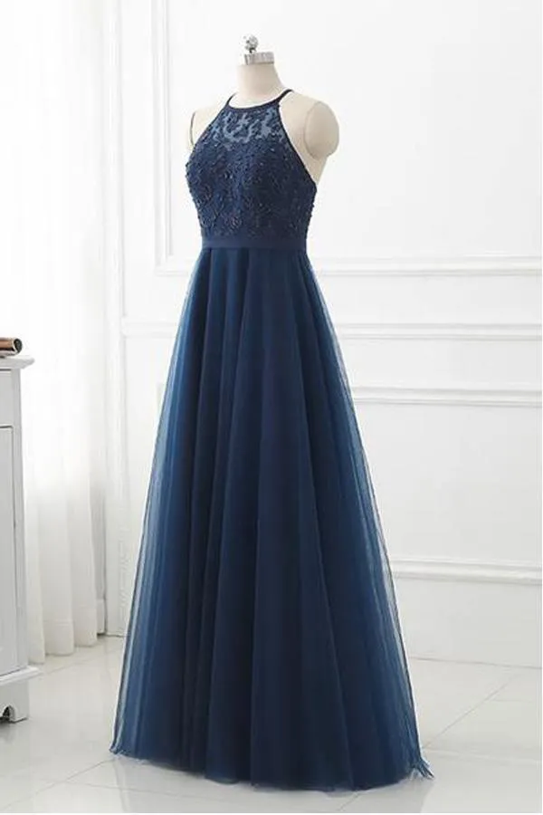 Navy Blue  Lace High Neck Tulle Long Prom Dress Evening Dresses  PSK100