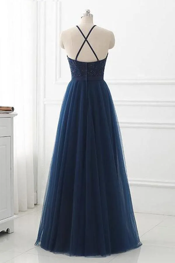 Navy Blue  Lace High Neck Tulle Long Prom Dress Evening Dresses  PSK100