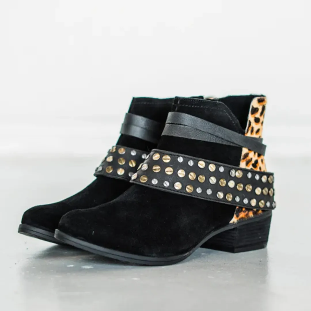 Online Exclusive | Crimson Hammered Studs and Straps Bootie in Black and Leopard