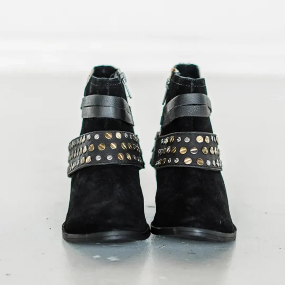 Online Exclusive | Crimson Hammered Studs and Straps Bootie in Black and Leopard