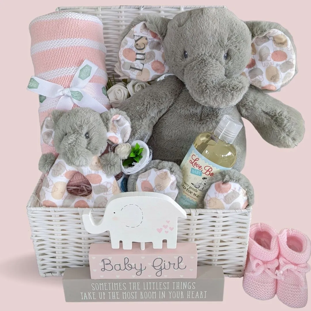 Personalised Baby Girl Gift Basket Luxury Elephant Family