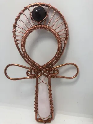 Pink Calcite and Garnet Crystal Handheld Ankh