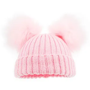 Pink Double Fur Pom Pom Cable Knit Hat