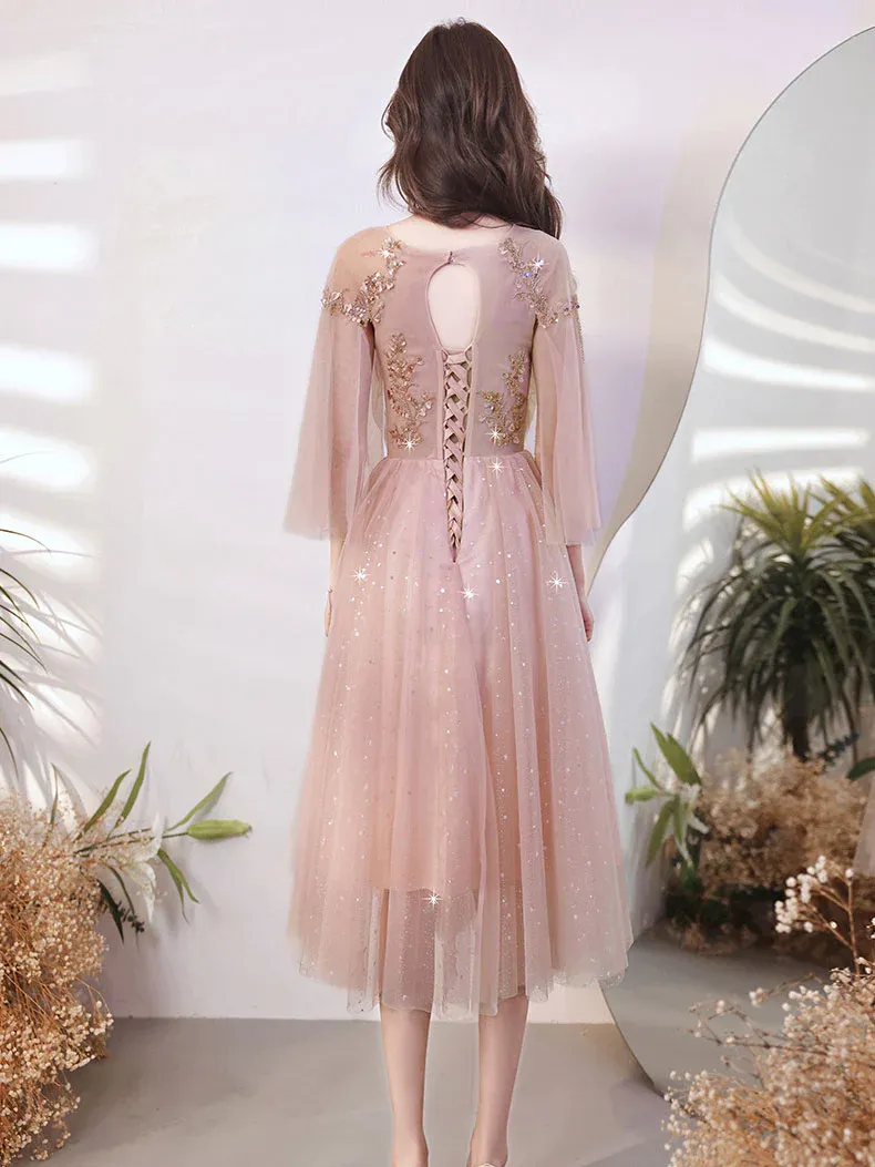 Pink Tulle Beaded Tea Length Wedding Party Dress, Pink Tulle Short Homecoming Dress