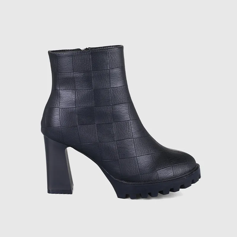 Plaid Pattern Chunky Heeled Ankle Boots