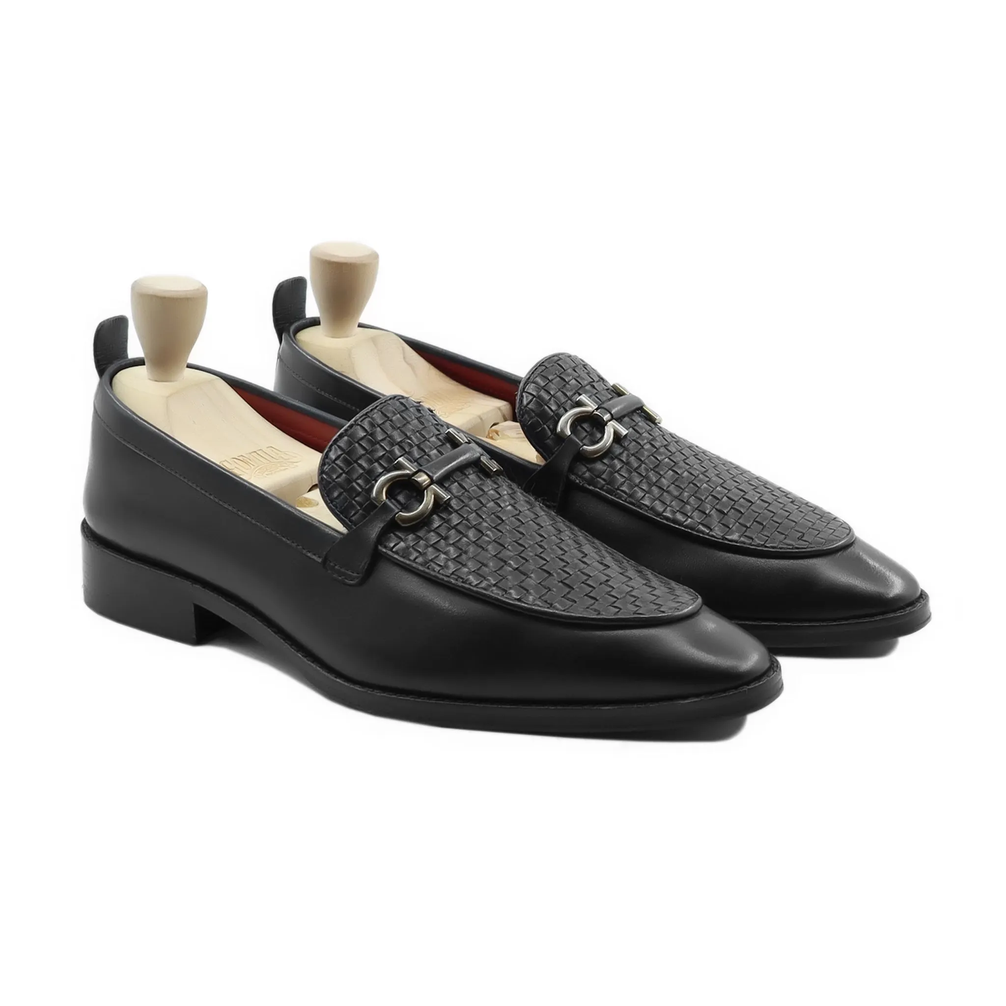 Polonix - Men's Black Calf and Hand Woven Calf Leather Loafer