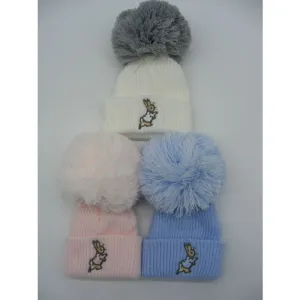 Pom Pom Hat Embroidered  ' Bunny' White & Grey