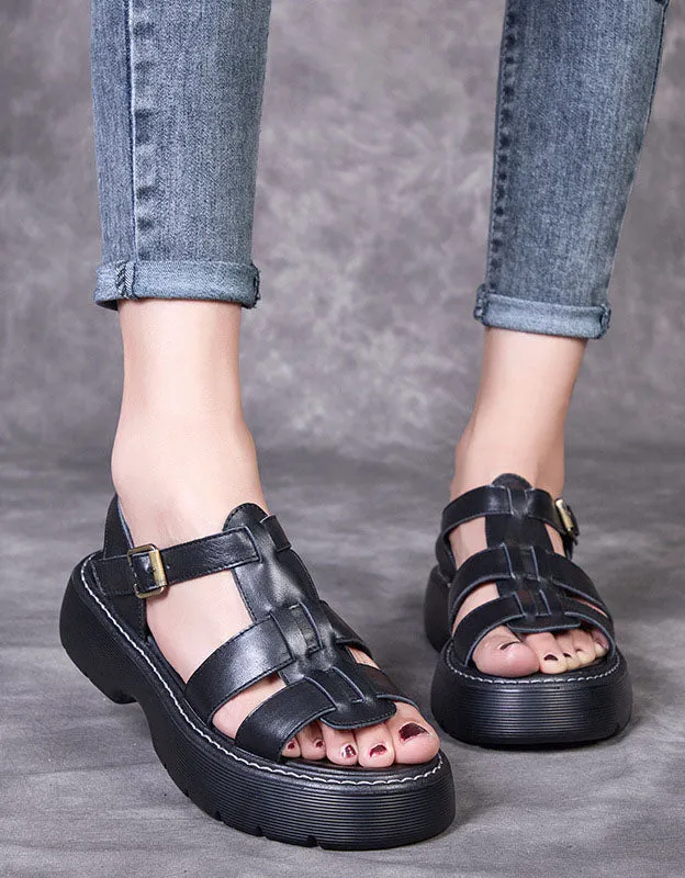 Real Leather Thick Heel Vintage Woven Sandals