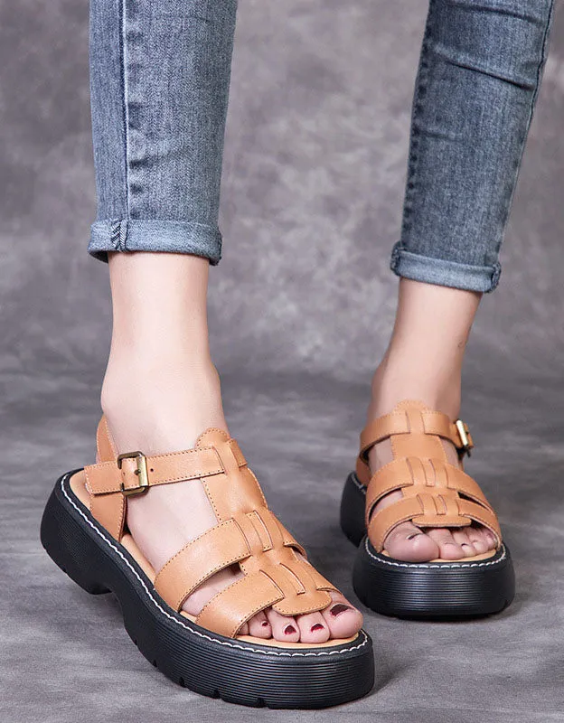 Real Leather Thick Heel Vintage Woven Sandals