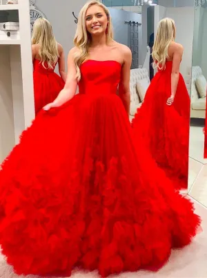 Red A-Line Strapless Long Prom Dress Elegant Pageant Gown