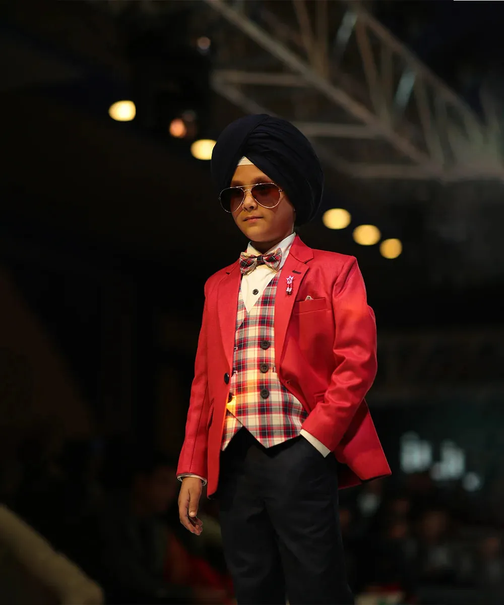 Red and Navy Coat Suit with Checked Waist Coat for Boys