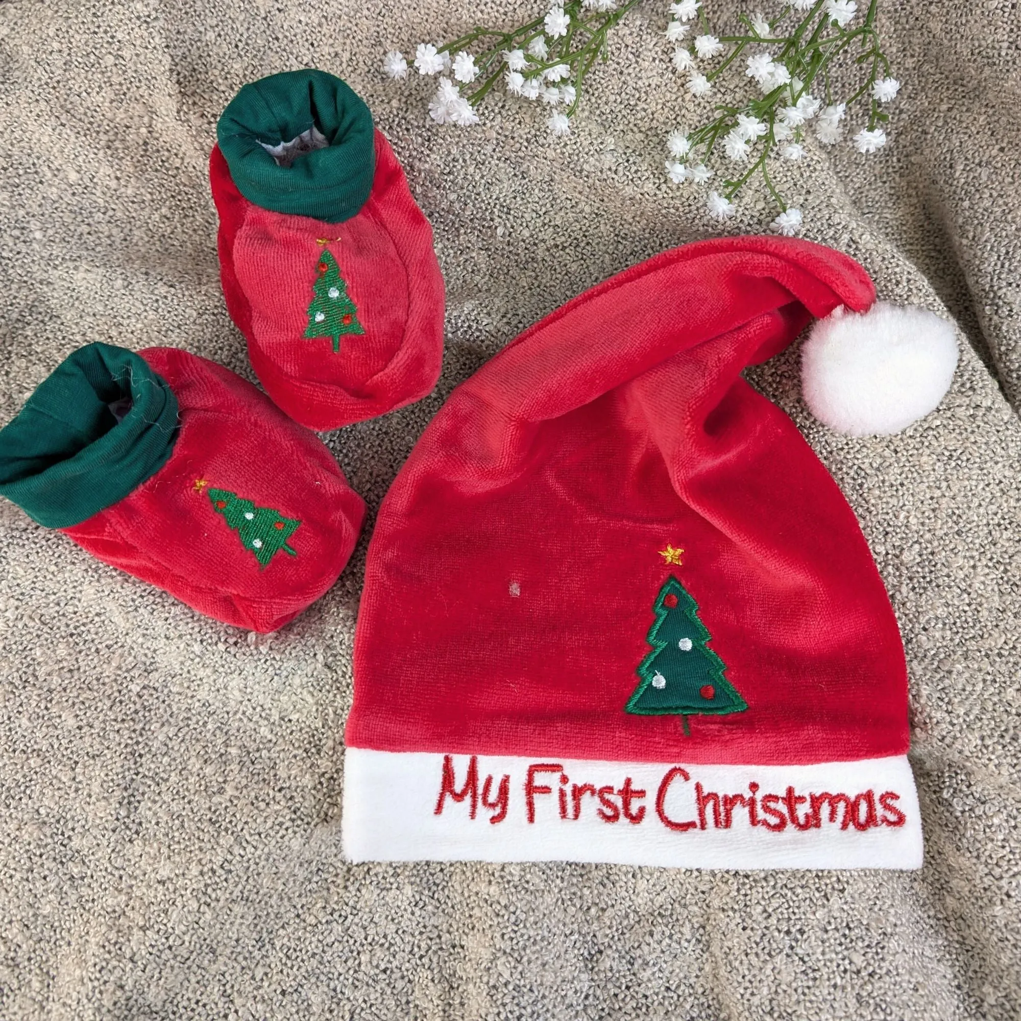 Red Hat and Bootie Set 'My First Christmas' 0-6 Months