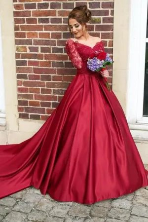 Red Satin Wedding Dress Lace Sleeves with Long Train