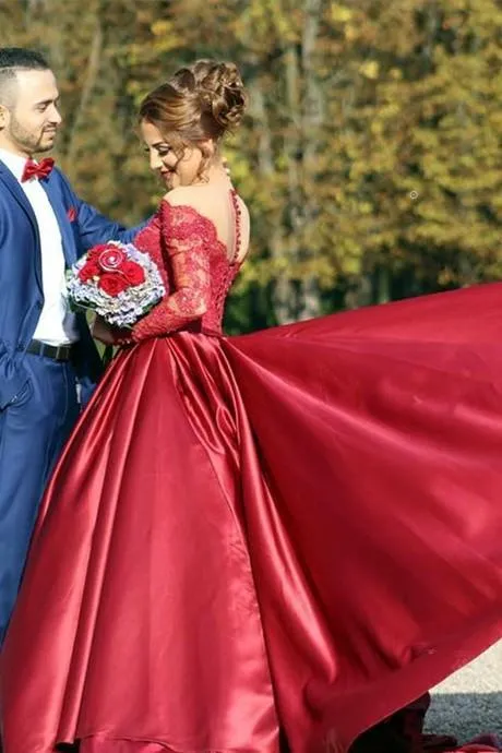 Red Satin Wedding Dress Lace Sleeves with Long Train