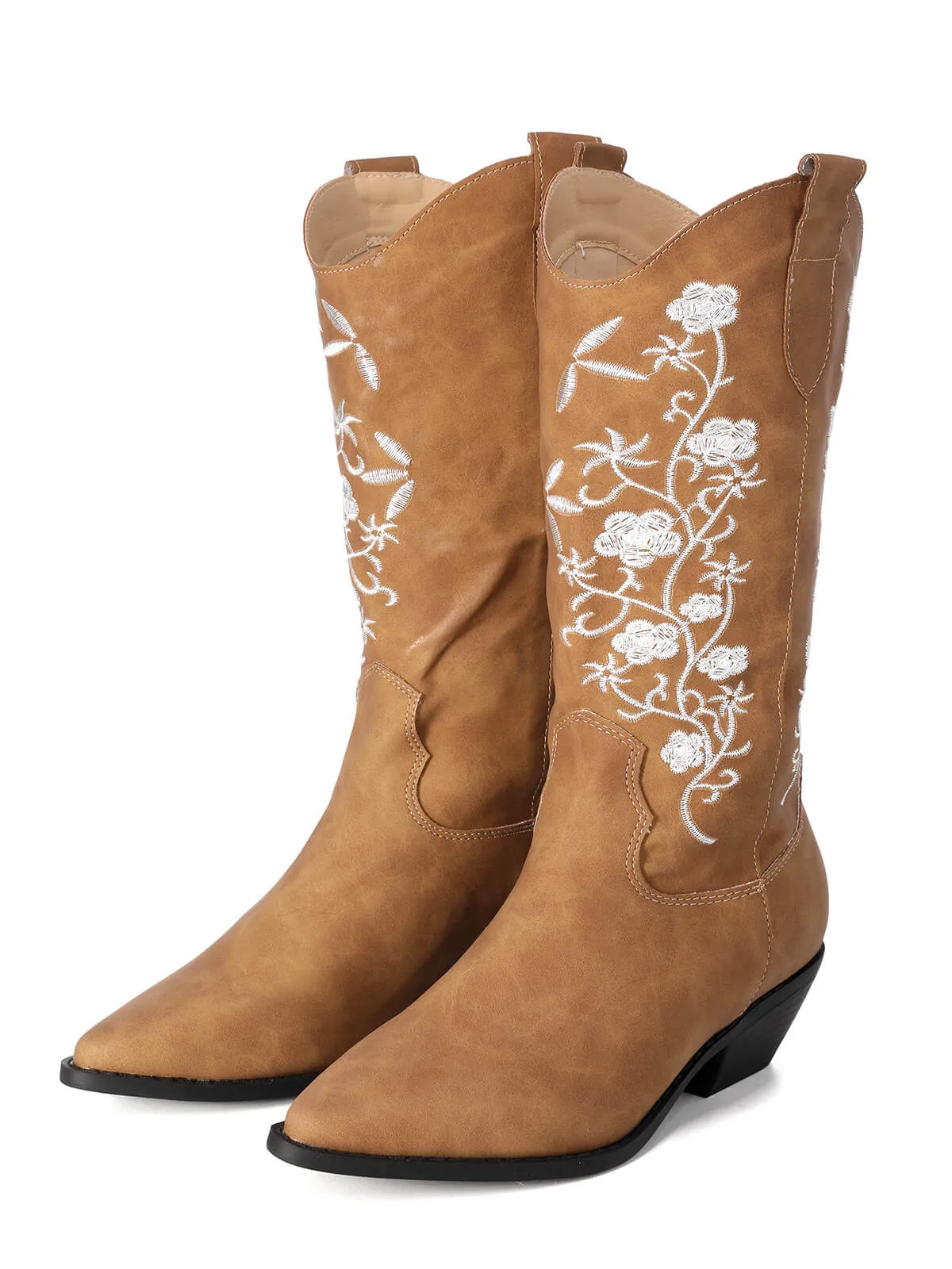 Retro Embroidered Flower Leather Cowboy Boots