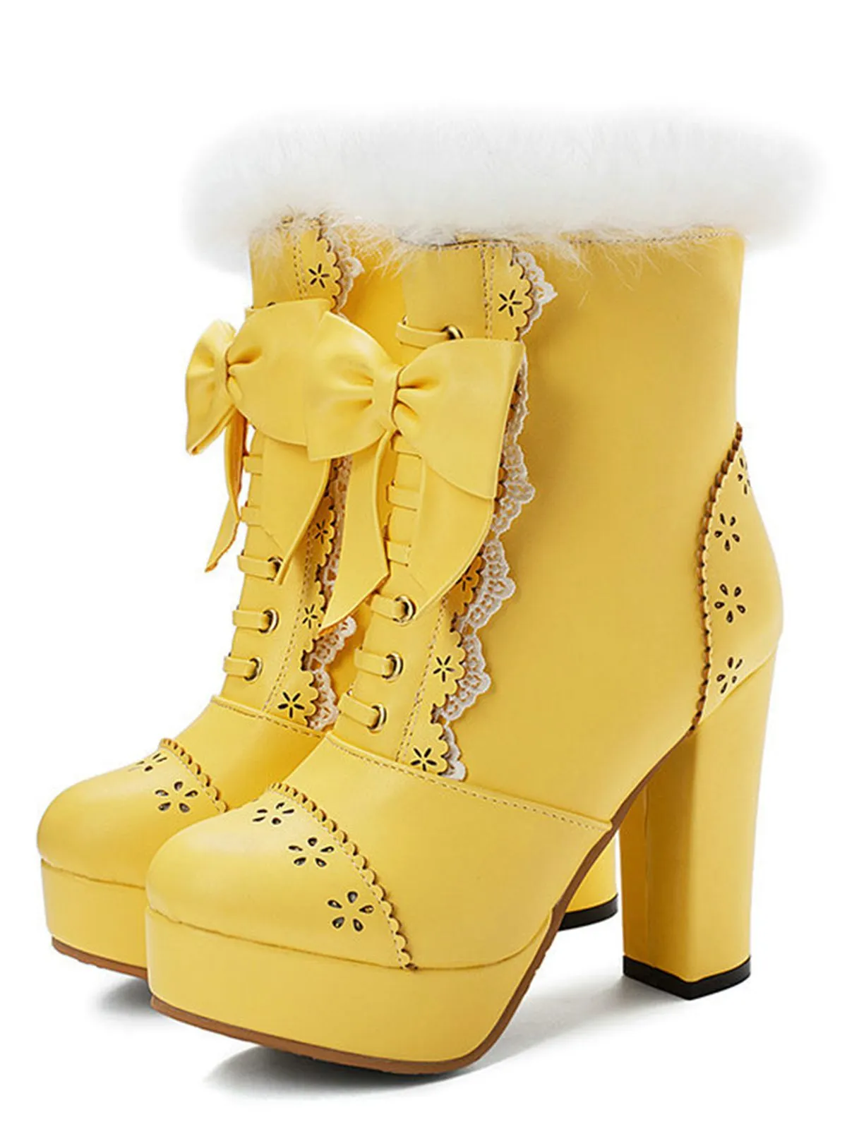 Retro Furry Bowknot Chunky Heel Snow Boots