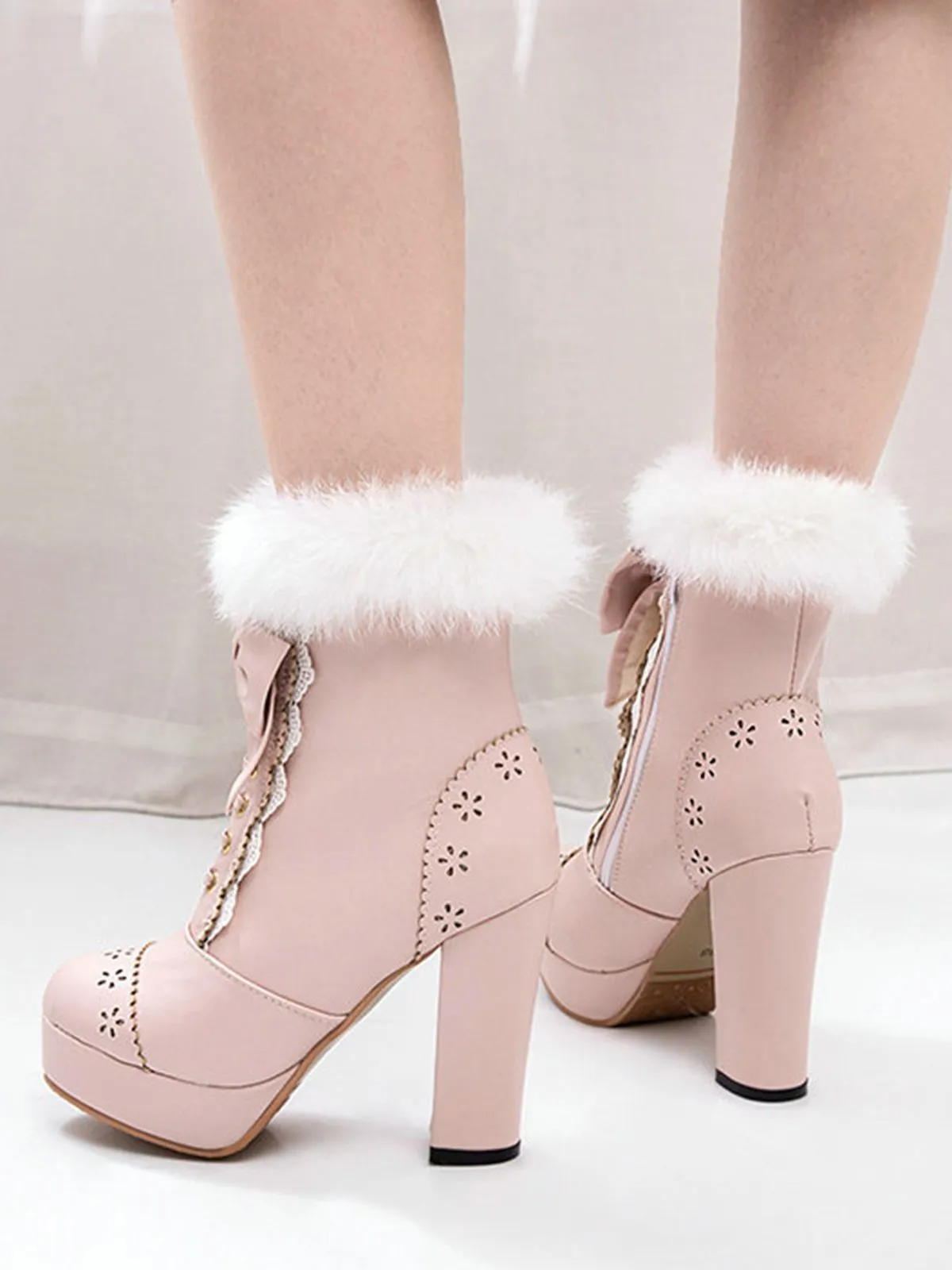 Retro Furry Bowknot Chunky Heel Snow Boots