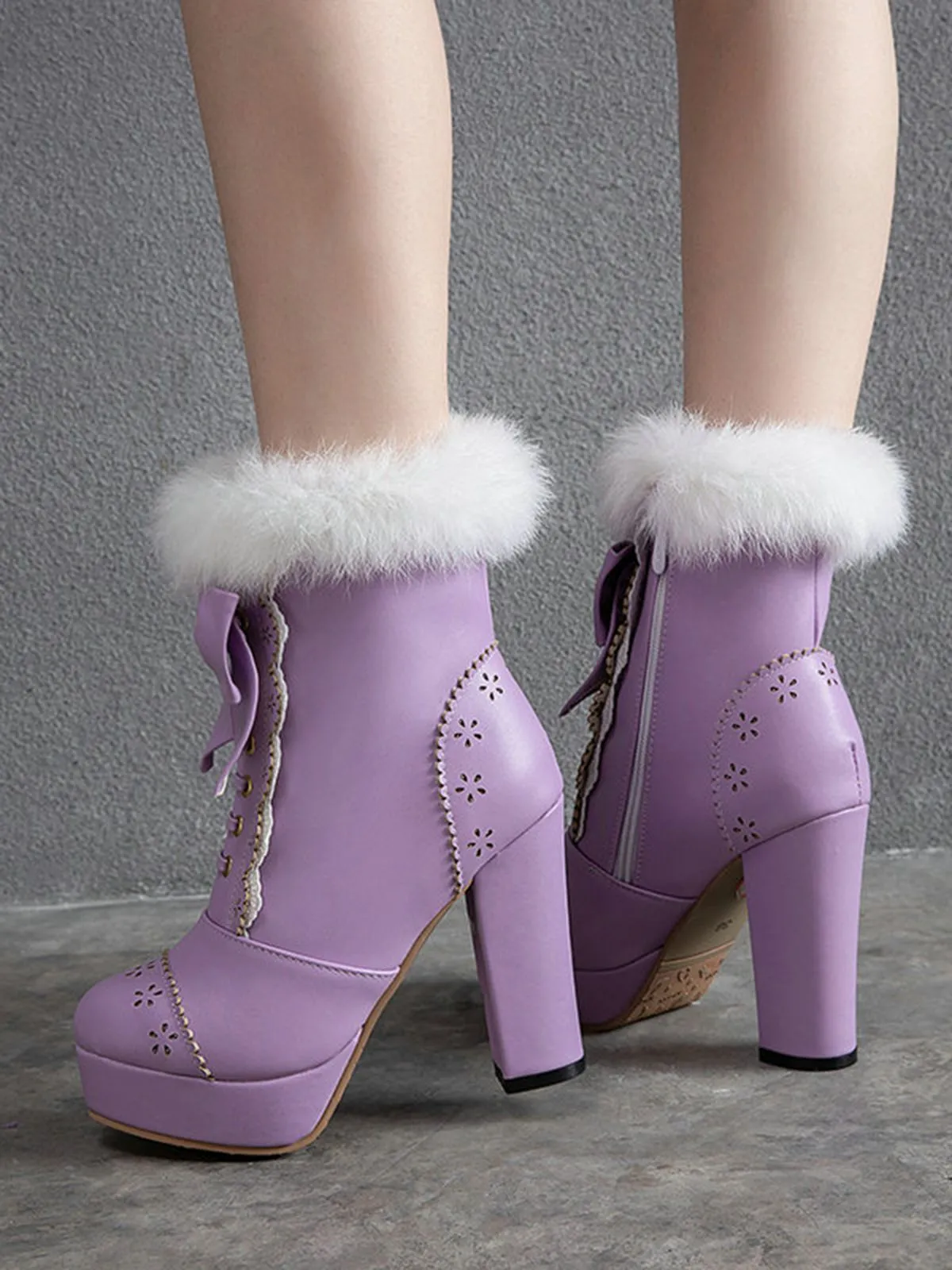 Retro Furry Bowknot Chunky Heel Snow Boots