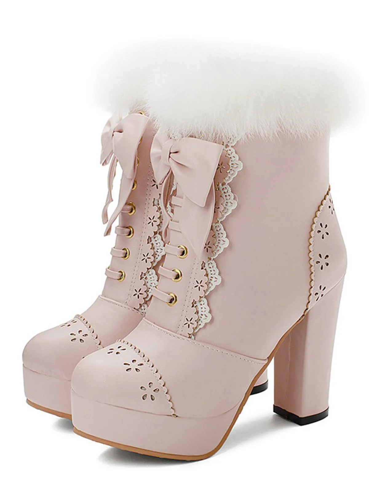 Retro Furry Bowknot Chunky Heel Snow Boots