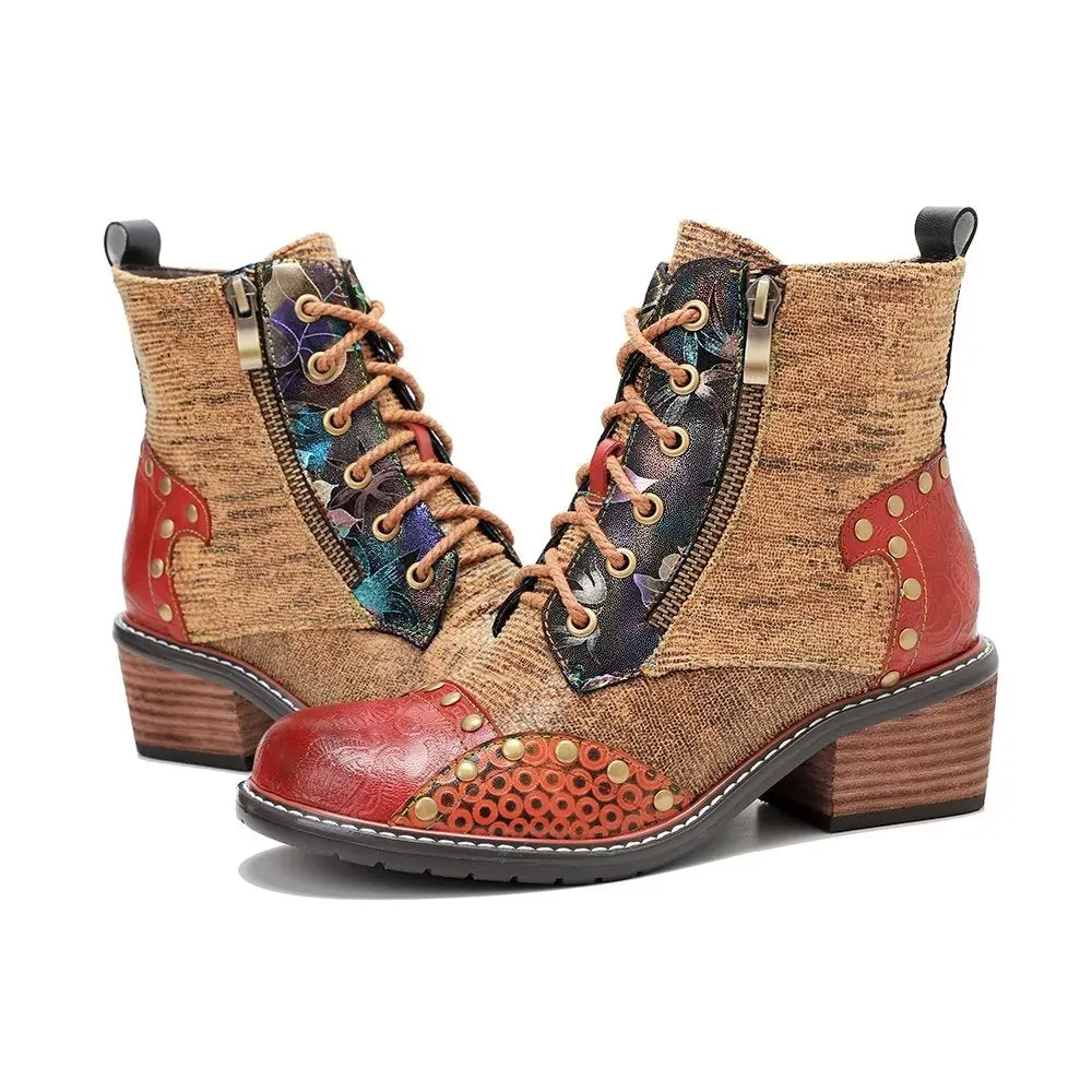 RetroLuxe Printed Cow Leather Low Heeled Boots