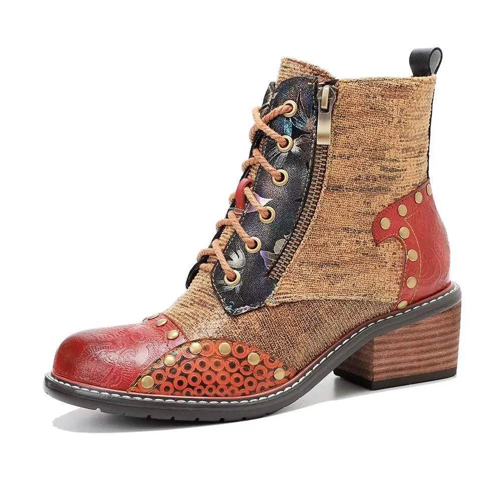 RetroLuxe Printed Cow Leather Low Heeled Boots