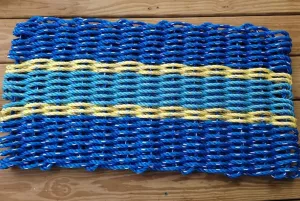 Rope Mat made with Lobster Rope, Two Tone Blue, Yellow accent