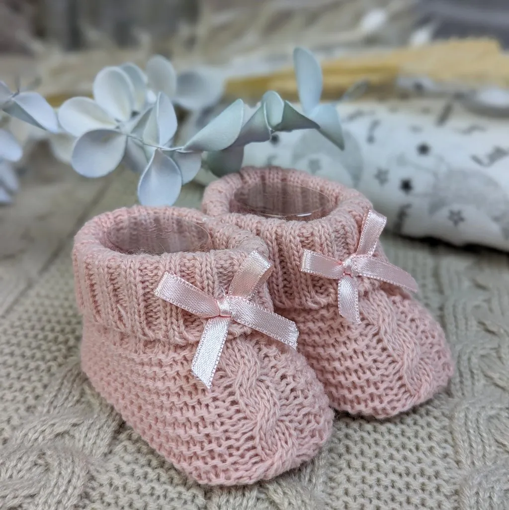 Rose Gold Knit Baby Booties Bow 0-6 Months