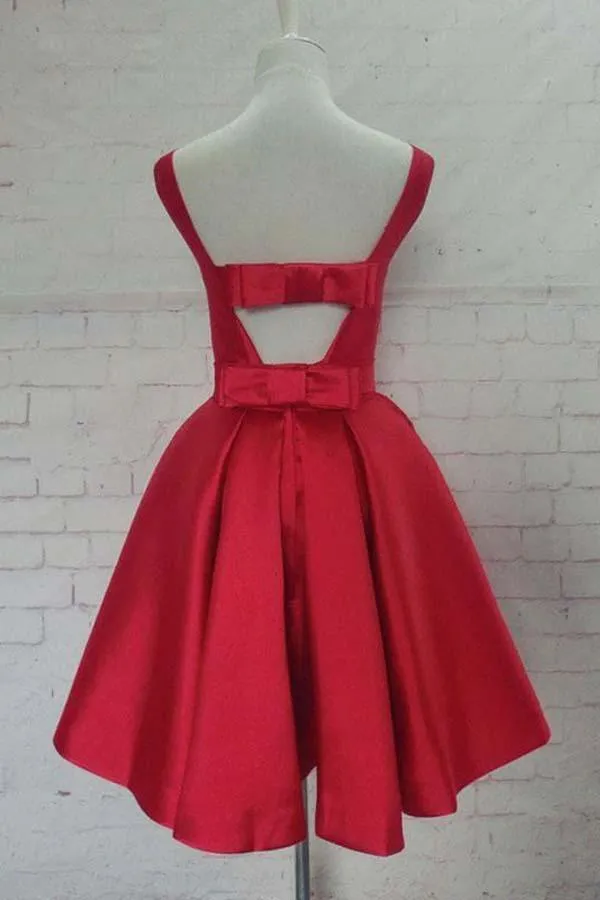 Round Neck Cute Red A line Satin Short Prom Dress Homecoming Dress  PD129