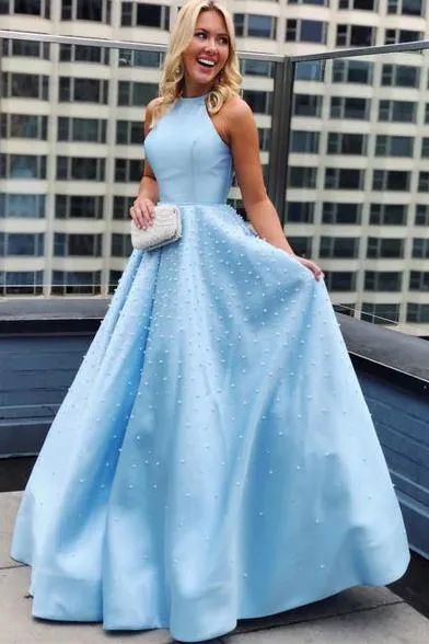 Satin A-line Sky Blue Prom Evening Dress Pearls With Pockets