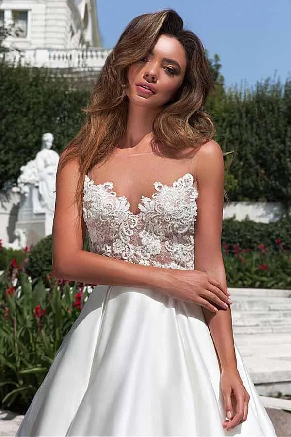 Satin Neckline A-line Wedding Dress With Pockets Lace Appliques WD217